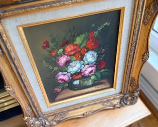 Framed floral still life oil painting