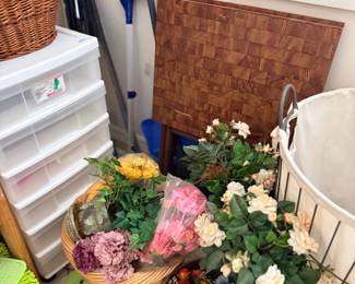 Artificial flower arrangements and storage bins