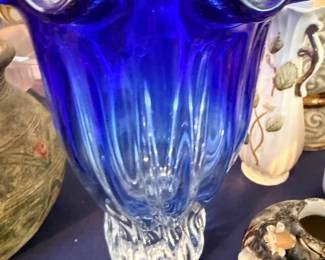 Cobalt blue art glass ruffled vase