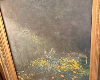 Framed floral landscape oil painting, gold frame