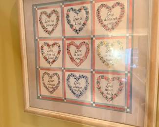 Framed grouping of nine heart samplers