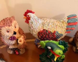 Ceramic rooster and owl figurines
