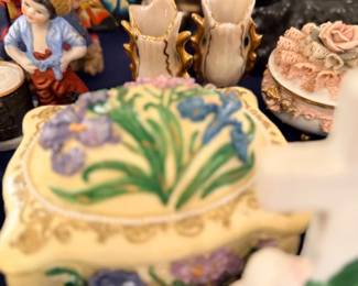 Majolica iris covered dish and figurines