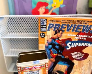 Disney VHS, Superman comics and vintage tin