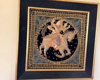 Framed Asian gold-leaf painting with elephant and figures