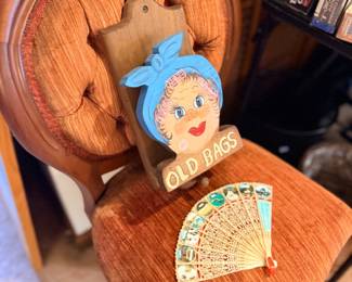 Novelty wood plaque and gold filigree fan