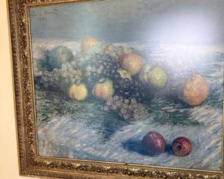 Framed fruit still life oil painting in gilt frame