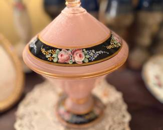 Pink and black covered candy compote with floral band