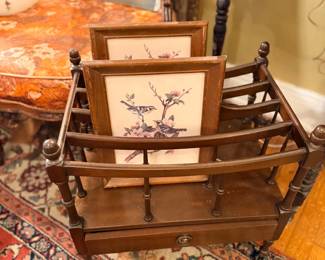 Wood Canterbury magazine rack with framed bird prints