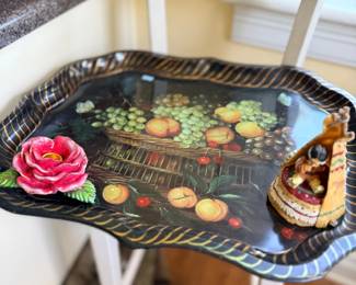 Hand-painted tole tray with fruit and flowers on stand
