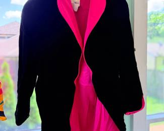 Black velvet jacket and pink dress