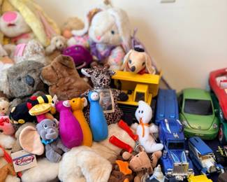 Plush animals and toy cars