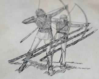 Pen and ink drawing of archers