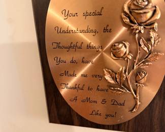 Decorative brass sentiment plaque with rose