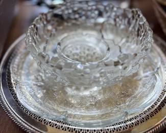 Cut crystal bowls on pierced silver serving tray