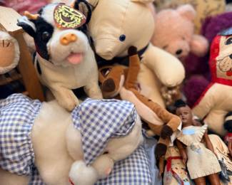 Plush animals and dolls including cow and pig
