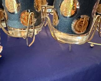 Mid-century gold medallion bar glasses in caddy