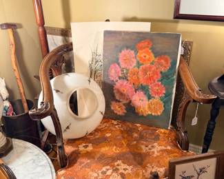 Carved French-style upholstered armchair
