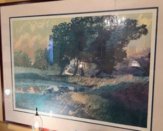 Large framed landscape art print, gold frame