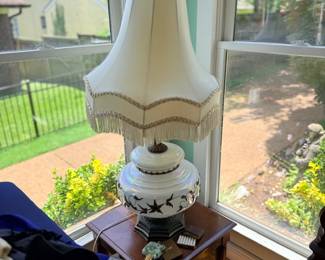 Tall vintage table lamp, fringed shade and milk glass base