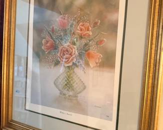 Framed floral roses print, gold frame