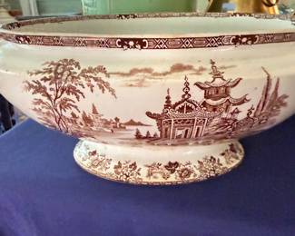 Brown transferware footed bowl with pagoda scene