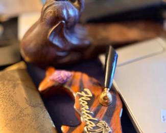 Carved wood duck figurine and name plaque