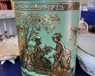 Green tole wastebasket with classical silhouette scene