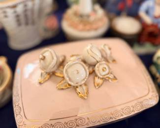 Pink ceramic dresser box with applied roses