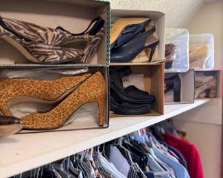 Shelf of women's shoes above closet