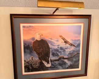 Framed bald eagle art print with picture light