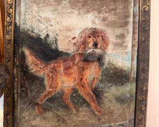 Framed antique hunting dog painting
