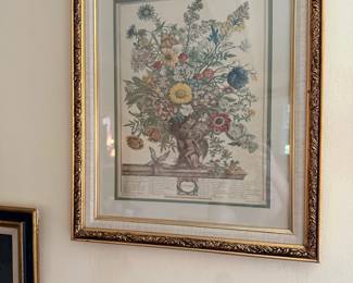 Framed antique botanical floral print, ornate gold frame