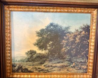 Framed pastoral landscape print, gold frame