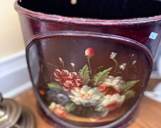 Hand-painted tole wastebasket with floral design