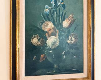 Framed floral still life oil painting, black and gold frame