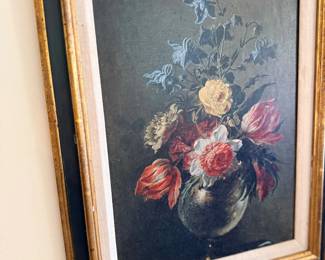 Framed floral still life oil painting in gilt frame