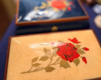 Marquetry inlaid wood jewelry boxes with rose design