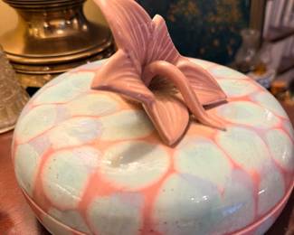 Art pottery covered dish with lily finial