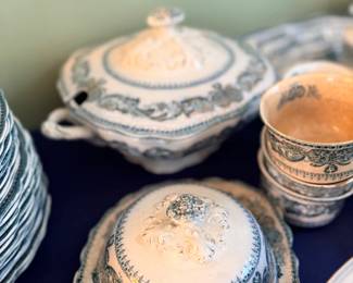 Blue and white transferware covered tureens