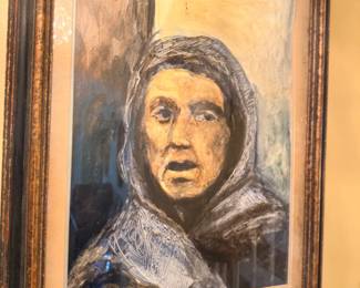 Framed portrait painting of woman in headscarf
