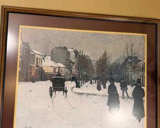 Framed winter cityscape print, snowy street scene