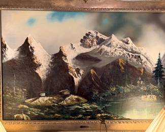 Framed mountain landscape oil painting, ornate gold frame