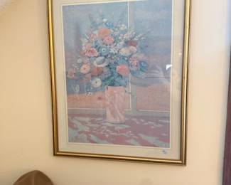 Framed floral still life print, gold frame