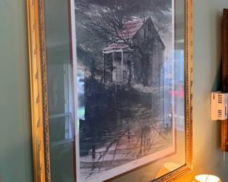Framed rustic cabin photograph print, gold frame