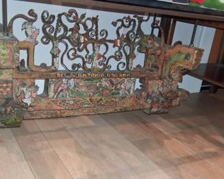 Italian wedding cart mount unknown origin says "S' Antonio" - housed in metal frame with glass top coffee table height
