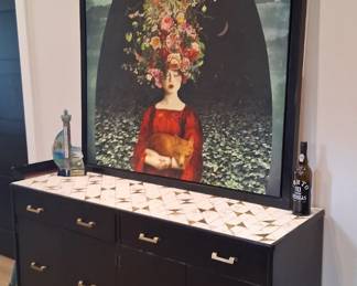 "Ballad of the Two Moons" print by Marta Orlowska 64"x52";  mid-century modern black credenza with custom tile top, gold handles, and crane drawer linings