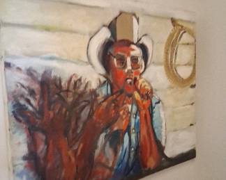 unsigned oil on canvas of a rapping cowboy
