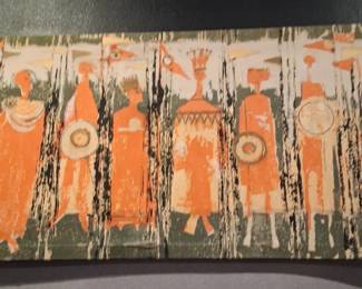 "Age of Kings" panel designed by Pamela Kay for Tibor Reich in 1964 commissioned by the Shakespearean Trust to commemorate the 400th anniversary of Shakespeare's birth. This is a screen-printed cotton panel