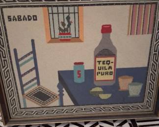 vintage framed needlepoint art of "Tequila Puro" bottle and the Spanish word "Sabado" (Saturday)